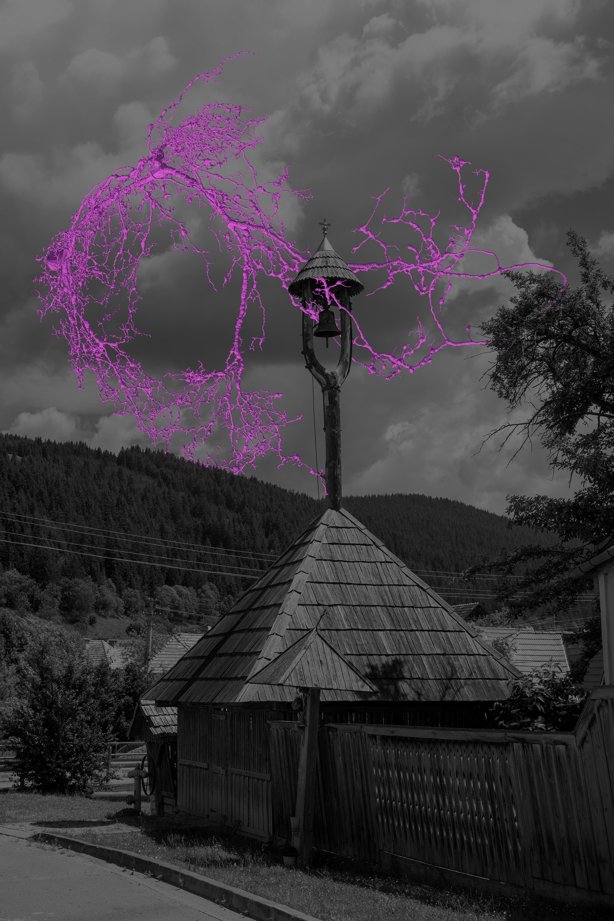 Magenta neuron over a Transylvanian wooden chapel and bell tower