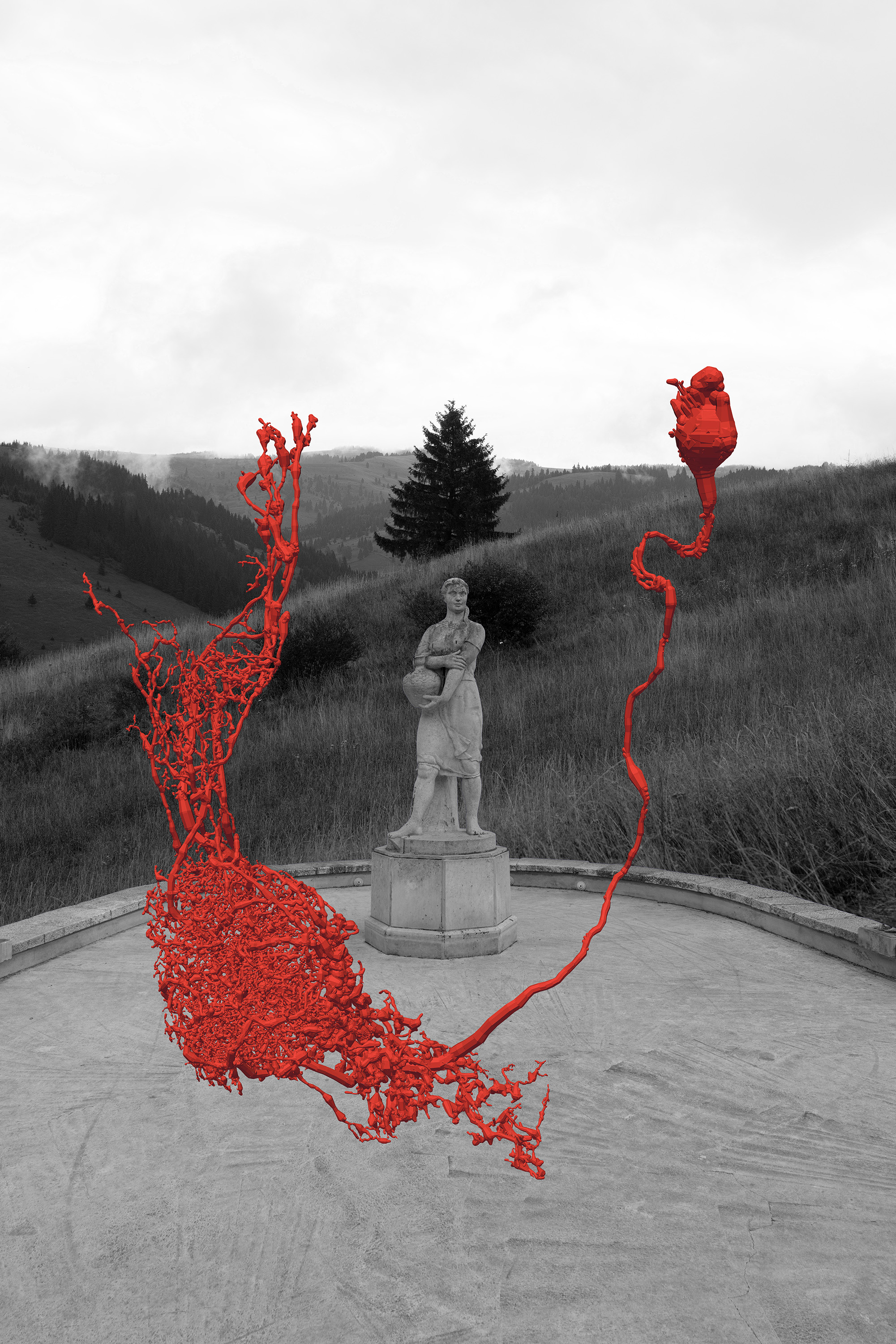 Red neural form over a stone figure on a hillside