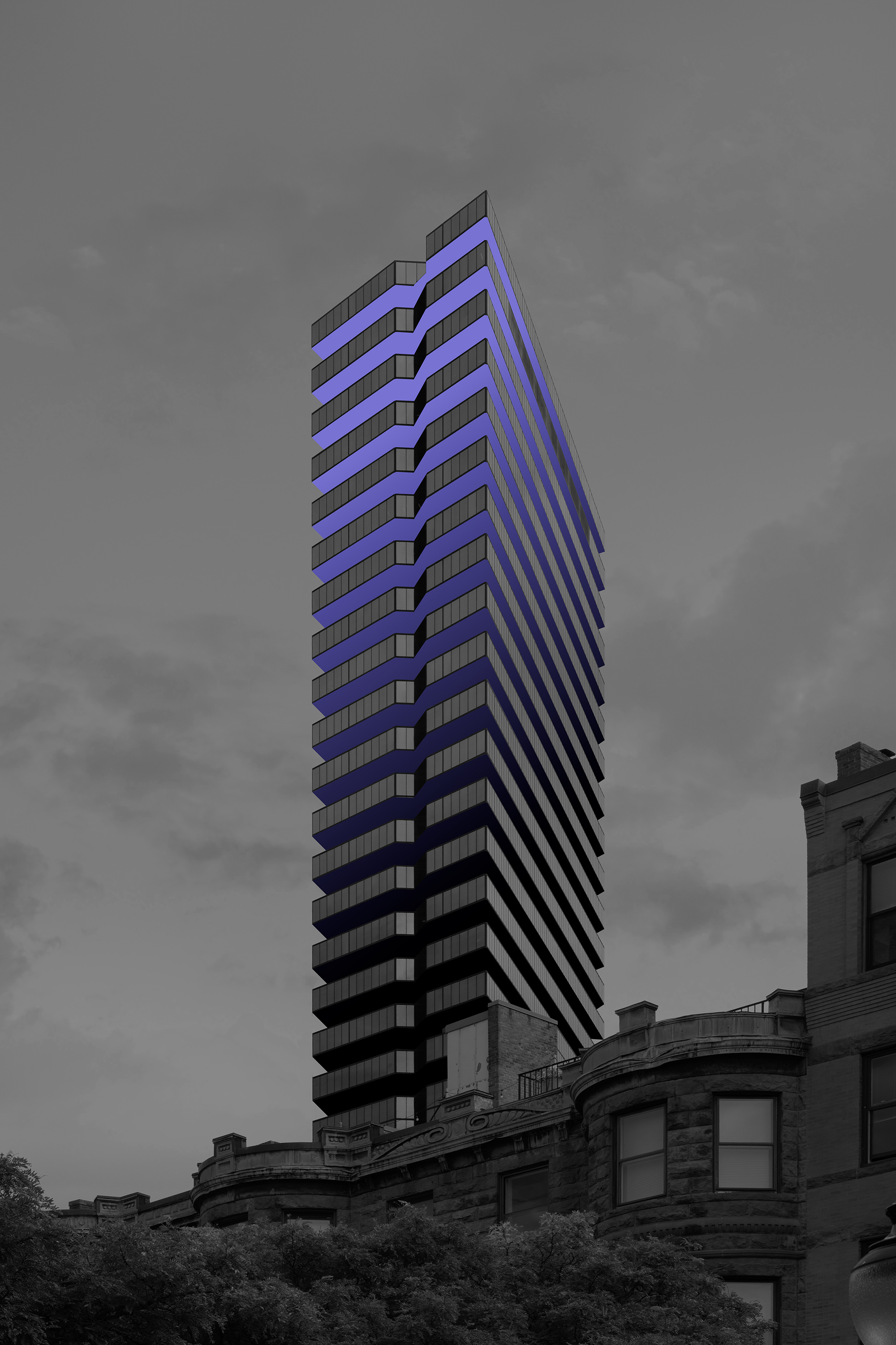 Violet neural branches over a Boston high-rise facade