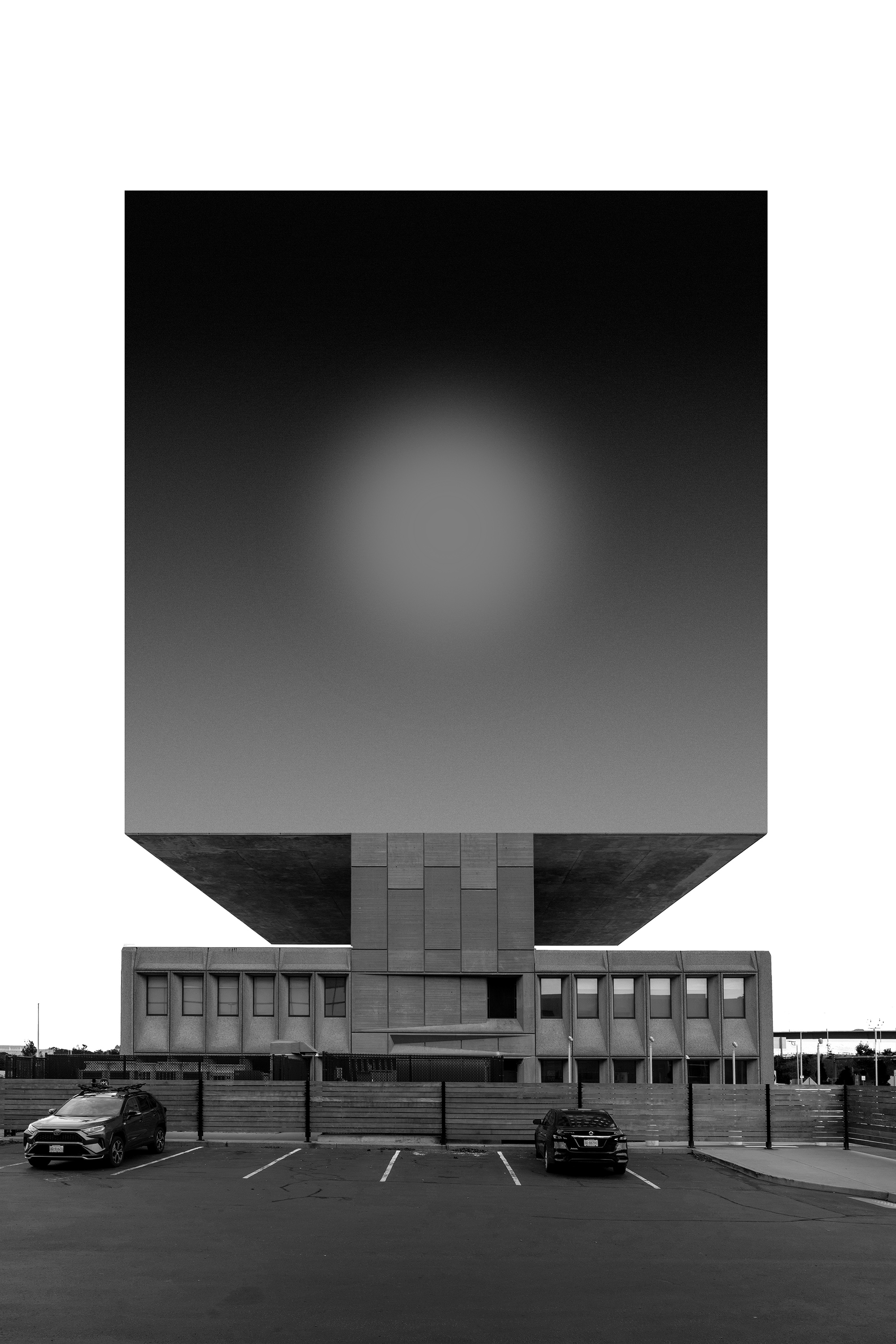 Disordered neuron overlay on urban balconies at night
